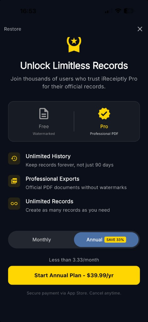 iReceiptly Pro upgrade screen with annual billing selected in the app.