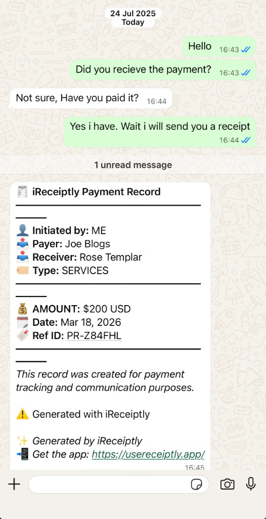 iReceiptly payment record shown as a mobile-style message